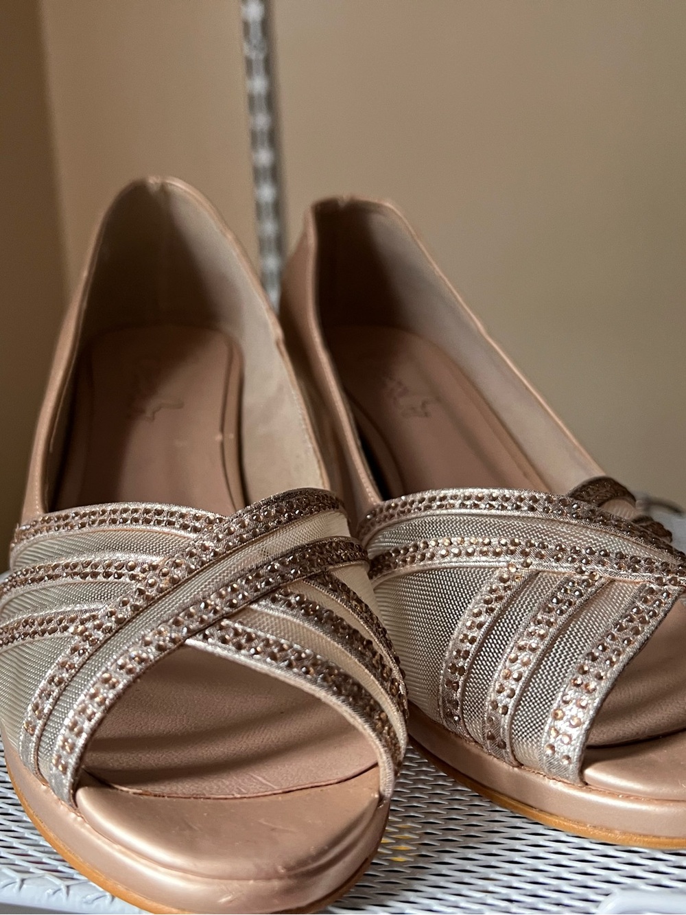 Women's Beige Open-Toe Embellished Flats